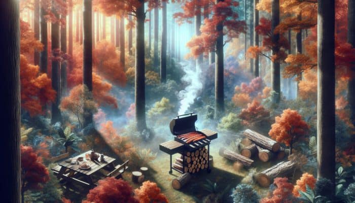 A Southeast US forest filled with vibrant autumn hickory trees and a rustic barbecue using hickory logs.