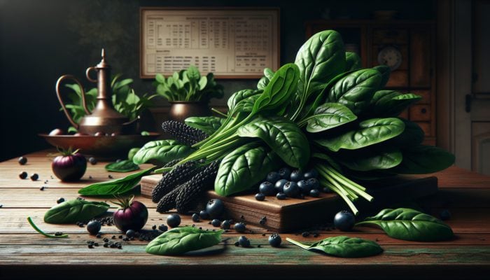 Fresh spinach and dark leafy greens displayed in a rustic kitchen, emphasizing their iron content for vegetarian diets.
