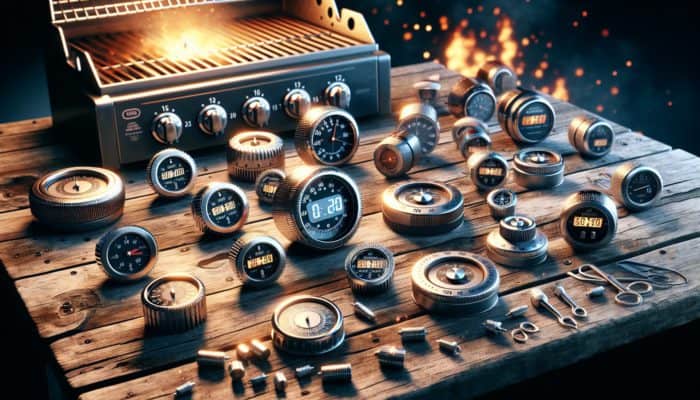 Various grill timers on a wooden table, including mechanical timers with dials and digital timers with countdown features, positioned near a lit barbecue grill.