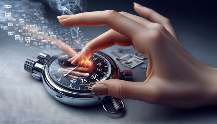 A hand adjusting the settings on a digital timer, with a stopwatch reading 10 minutes, in a grilling scene filled with smoke and meat.