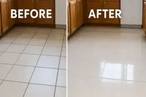 Before and after restoration of porcelain tile
