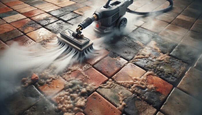 High-pressure steam cleaner using steam to remove dirt from quarry tiles, revealing their natural colors and textures.