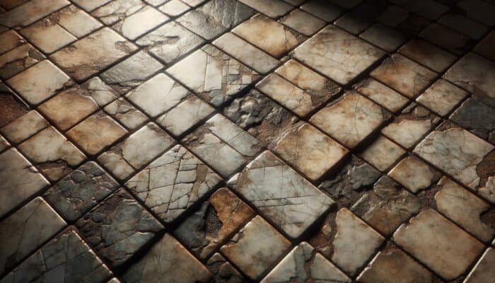 Worn quarry tiles showing dullness, discoloration, cracks, and stains resulting from steam cleaning on an old kitchen floor.