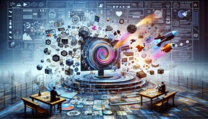 A vibrant digital screen showcasing an SEO-optimized customer narrative with keywords, headlines, and multimedia.