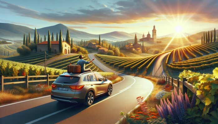 Traveller in rented car exploring a rural road, discovering a vineyard and a historic site.