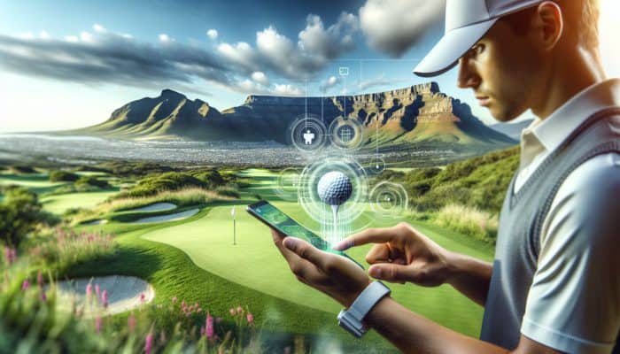 South African golfer utilizing an app on course with Table Mountain, enhancing gameplay with customised routines.