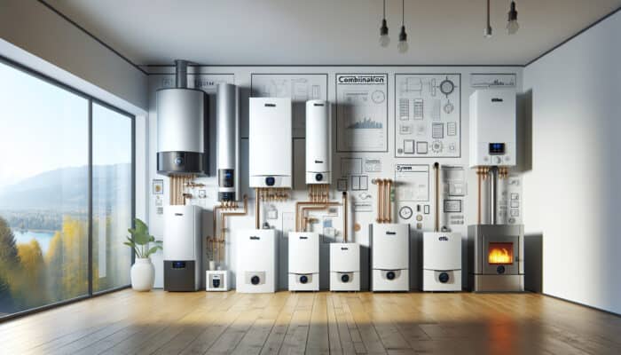 Boiler Services in Chilliwack: A modern showroom in Chilliwack displaying various boiler types with detailed labels and a cosy ambiance.