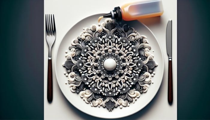 Elegant dessert plate with intricate simple syrup designs, enhancing visual appeal.