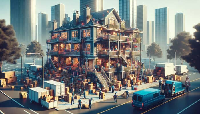 Affordable Quotes for House Clearance: A bustling urban home filled with items undergoing clearance, with workers, boxes, and removal trucks visible.