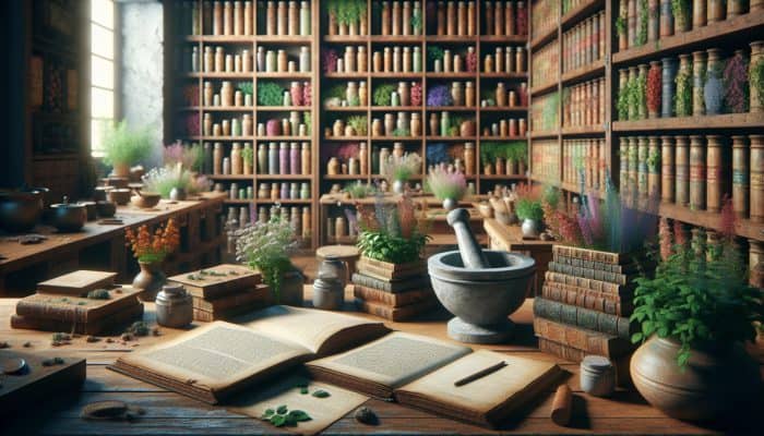 An ancient apothecary with shelves of medicinal herbs, historical UK texts, and a mortar and pestle on a wooden table.