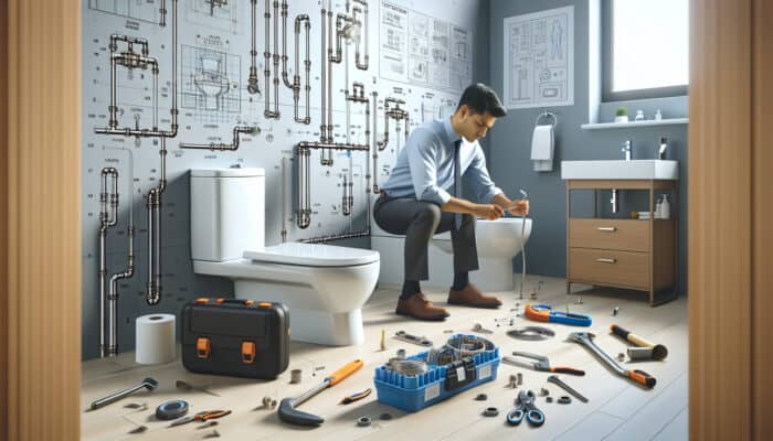 Diagram depicting modern toilet installation in Langley home, highlighting plumbing, tools, and technician.