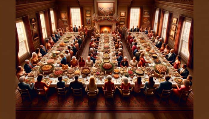 A festive table adorned with various dishes, surrounded by a joyful family and friends in an elegantly decorated dining room.