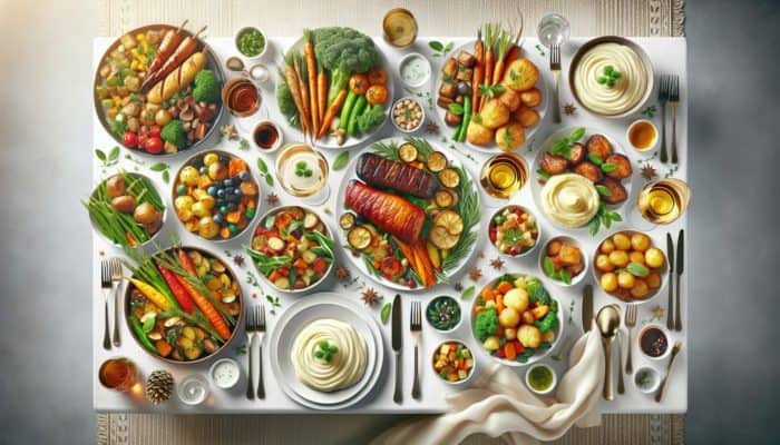 A festive table displaying dishes with contrasting flavors and textures: sweet vegetables, savory meats, creamy potatoes, crispy carrots, warm and cool options.