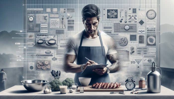 A chef at a BBQ competition, strategising with a clipboard, surrounded by organised ingredients and timers.