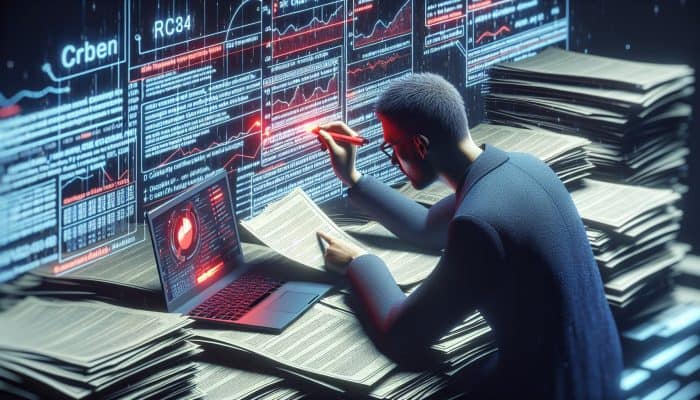 Individual reviewing credit report, marking errors in red, alongside financial documents and laptop displaying credit score analytics.