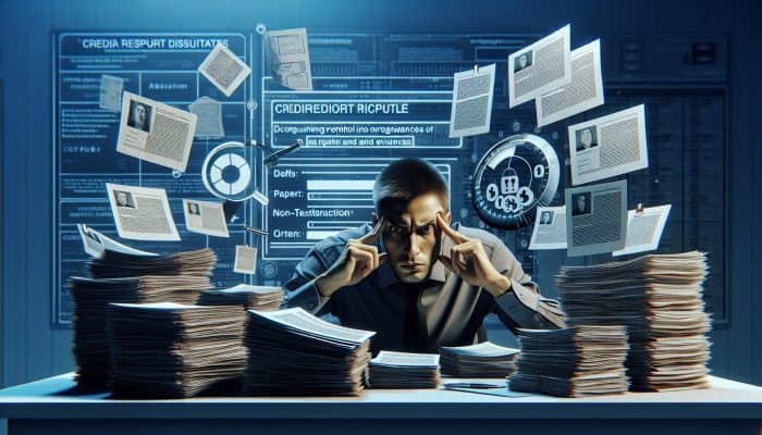 Individual organizing financial documents on desk, focused on credit report dispute form on computer.