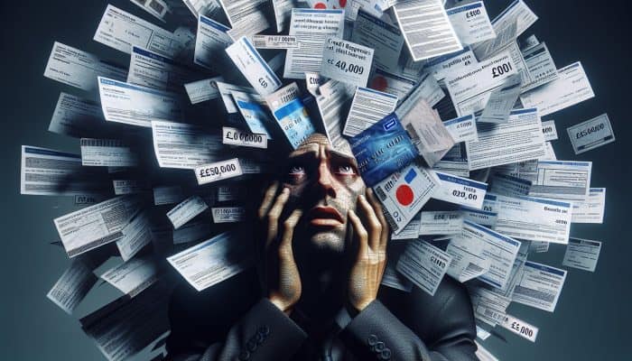 How I Consolidated £50,000 in Debt: My UK Journey | DCL Person overwhelmed by financial documents, exhibiting stress and determination to tackle £50,000 debt.
