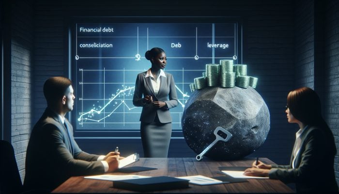 How I Consolidated £50,000 in Debt: My UK Journey | DCL A financial advisor's office equipped with charts, discussing £50,000 debt consolidation strategies with a client taking notes.