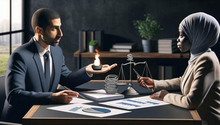 How I Consolidated £50,000 in Debt: My UK Journey | DCL A person discussing debt consolidation with a financial advisor in a modern office, utilizing charts and documents.