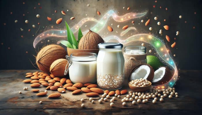 A diverse selection of non-dairy products such as almond yogurt, coconut kefir, and soy cheese displayed in glass jars showcasing plant-based ingredients and thriving bacteria.
