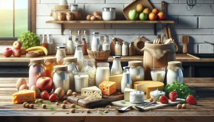 A lively kitchen scene showcasing plant-based yogurt and cheese on a rustic table, surrounded by fresh fruits and herbs.