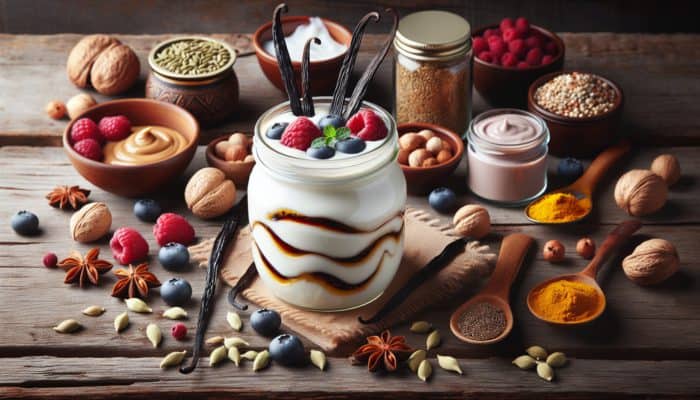 Jar of coconut yogurt adorned with vanilla beans, berries, and exotic spices on a rustic wooden table.