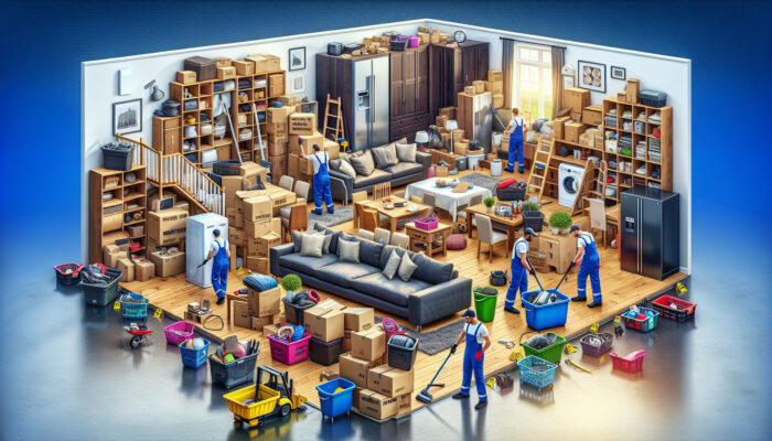 UK home clearance displaying how property size and item volume impact costs, with professionals removing substantial furniture and appliances.