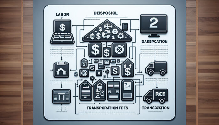 Infographic illustrating house clearance costs with sections detailing labor, disposal, and transportation, accompanied by icons and graphs.