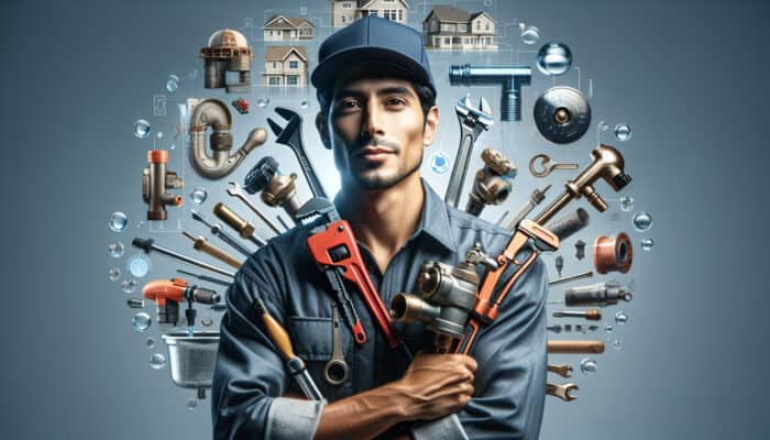 A Burnaby plumber inspecting plumbing, surrounded by local codes and water quality reports, underscoring their expertise.