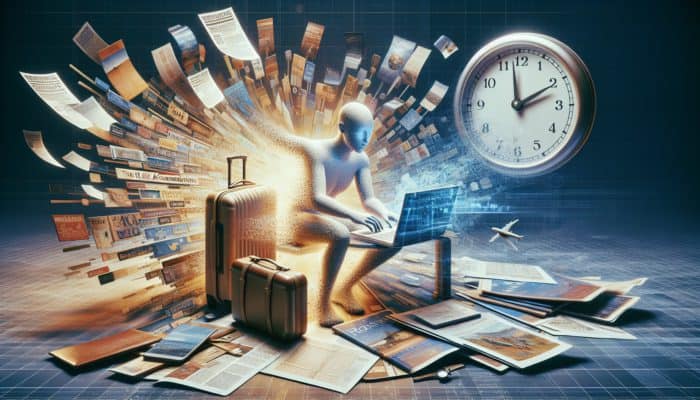 Discovering Last-Minute Hotel Deals in Vegas: A traveler booking a last-minute hotel deal on a laptop, surrounded by travel items, as a clock ticks in a cozy room.