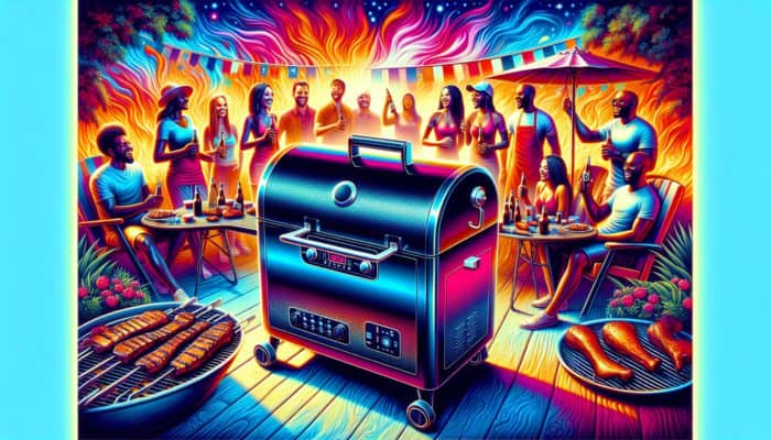 Outstanding Electric Smokers for Easy BBQ: A sleek electric smoker with a digital control panel at a lively BBQ gathering, showcasing perfectly smoked meats.