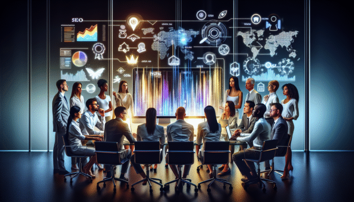 A team of professionals analyzing SEO analytics on a computer display in a contemporary office environment.