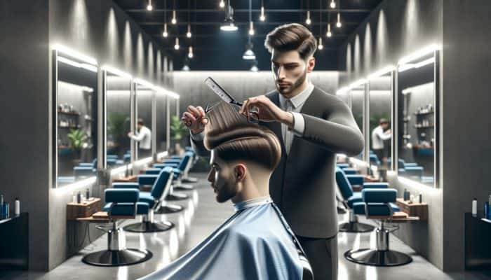 A barber skillfully cutting long layers in a man's hair within a modern salon featuring mirrors and focused lighting.