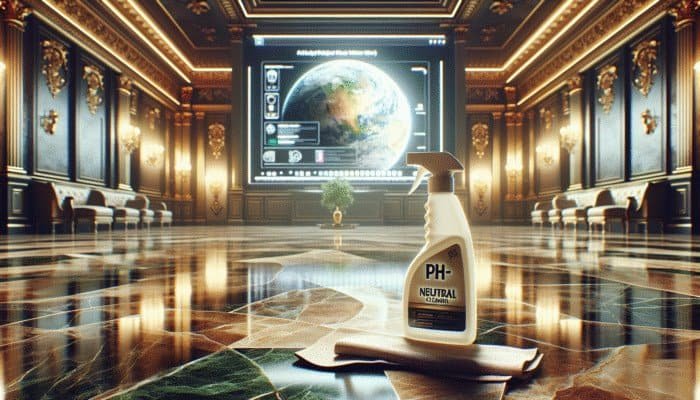 Luxurious room featuring a gleaming natural stone floor, accompanied by a bottle of pH-neutral cleaner and cloth.