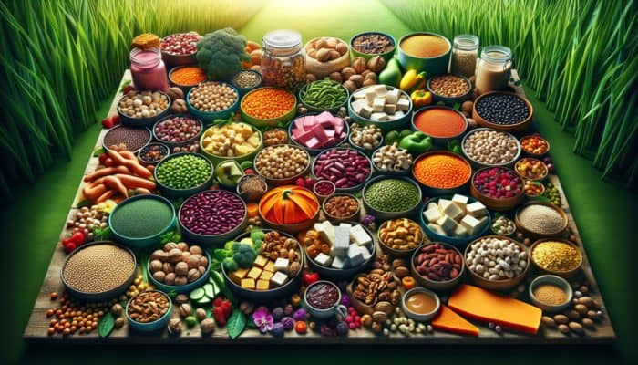 A vibrant array of plant-based proteins including legumes, grains, nuts, seeds, tofu, tempeh, and seitan on a green backdrop.