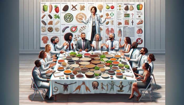 Nutrition experts discussing plant-based proteins with charts and graphs.