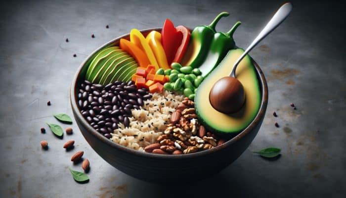 A colorful bowl with brown rice, black beans, bell peppers, avocado, and nuts, showcasing a balanced meal.