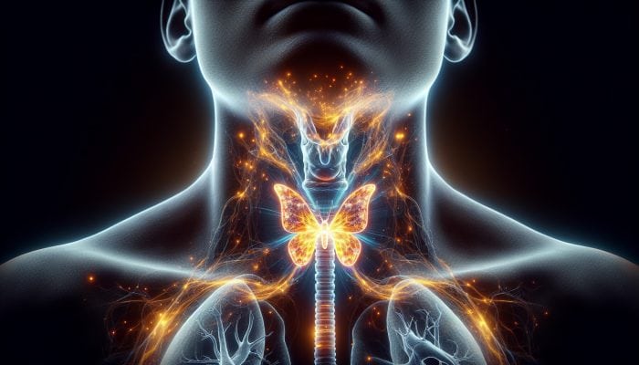 Illustration of the thyroid gland, located at the front of the neck, producing T3 and T4 hormones vital for metabolism and growth.