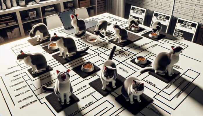 Cats displaying territorial aggression through hissing and posturing over food and space in a multi-cat household.