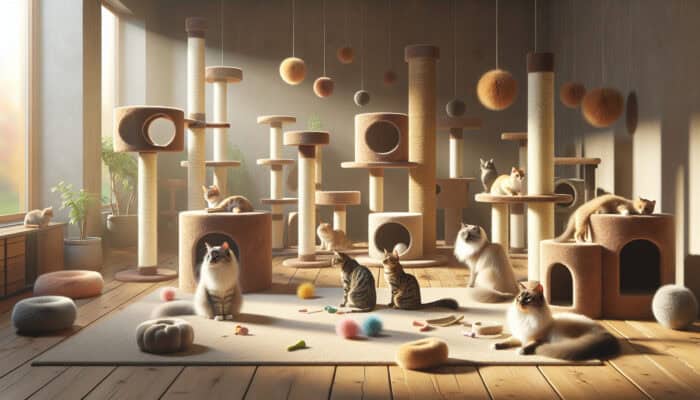 A tranquil room outfitted with cat towers, posts, and toys where multiple cats coexist peacefully and play together.