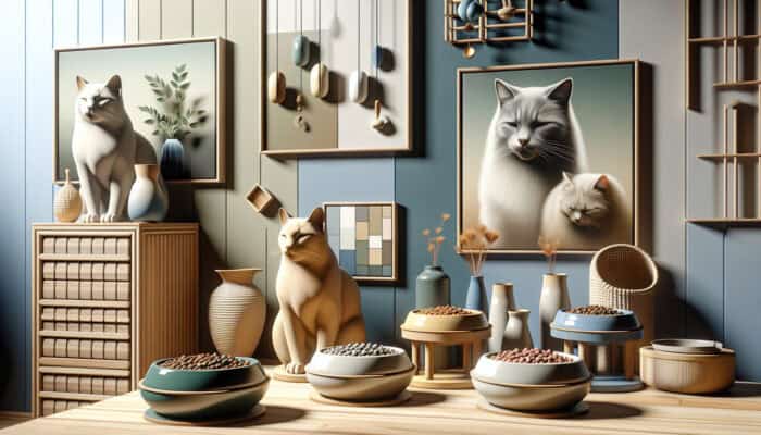 Comfortable home with multiple distinct cat feeding stations, each equipped with unique bowls, promoting peace among cats.