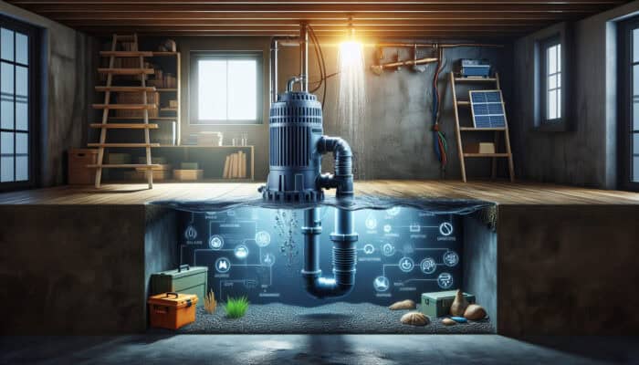 A basement equipped with a sump pump, actively pumping water to prevent damage and maintain dryness.