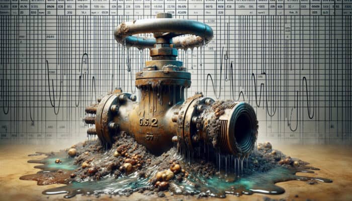 A corroded water valve with visible leaks, surrounded by sediment, along with temperature gauges.
