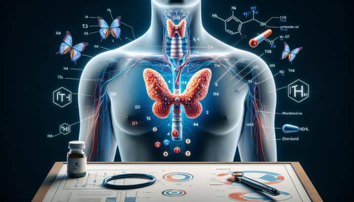 Illustration of the thyroid gland below Adam's apple, depicting the release of T3 and T4 hormones that affect metabolism, energy, and heart rate.