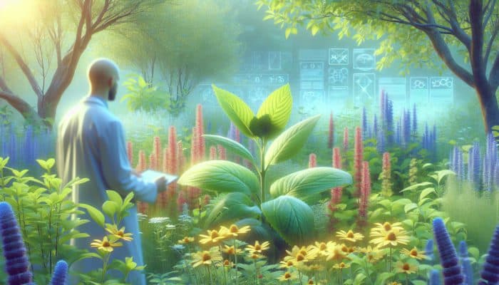 A tranquil garden featuring herbs like lemon balm and ashwagandha, with an expert examining plants in the background.