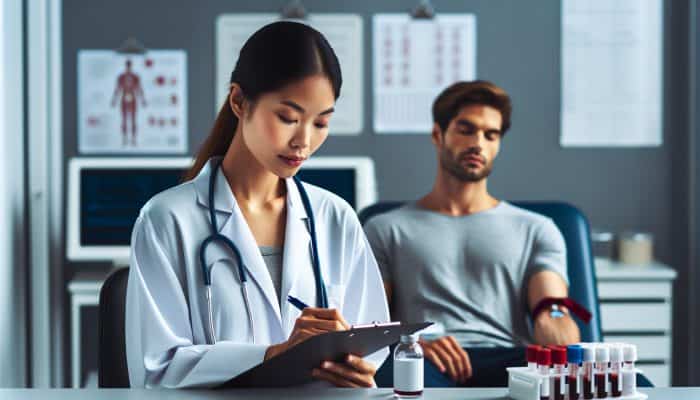 Individual fasting for 8-12 hours and drinking water at a clinic; healthcare provider records medications on a clipboard.