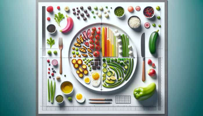A gourmet plate illustrating visual balance through the use of symmetry, asymmetry, varied heights, and strategic spacing.