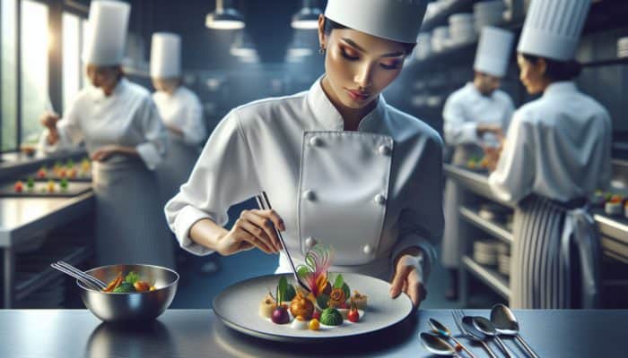 A chef meticulously arranging a gourmet dish with vibrant colors and intricate designs on a fine dining plate.