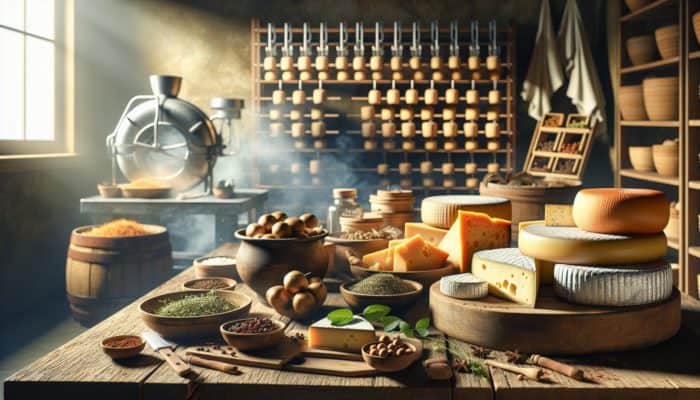 Assorted cheeses on a rustic table being prepped for smoking with herbs and spices in a sunlit kitchen.