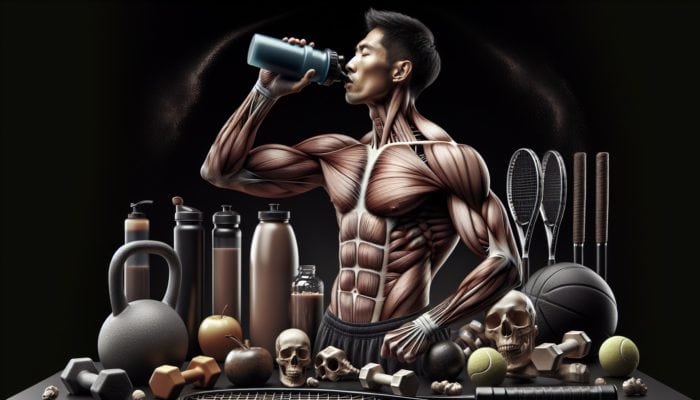 A professional athlete drinking a hydrolyzed collagen supplement, surrounded by sports equipment, with highlighted tendons.